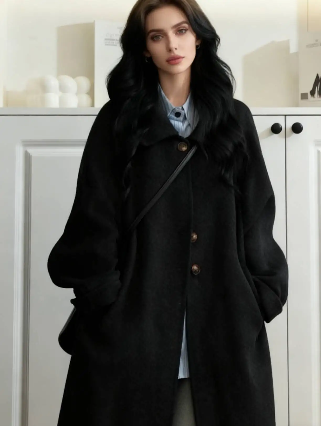 

Wool Blend Coats Womens Woolen Coat Black Women Fall Brocade Notched Collar Balloon Sleeve Pleated Tunic Preppy Study School Ins