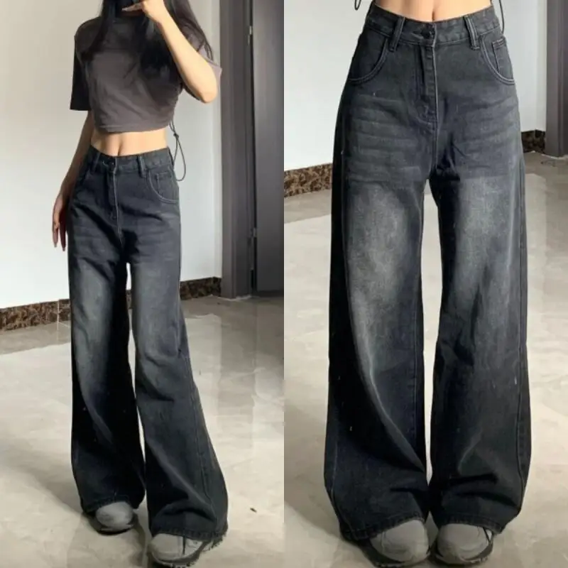 

Американские винтажные женские джинсы с высокой талией Y2K для девочек, облегающие свободные прямые брюки-клеш, черные, серые мешковатые женские джинсовые брюки