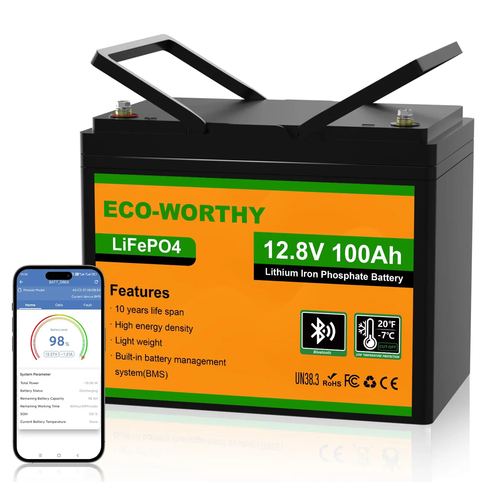 12V 100AH LiFePO4 Lithium Battery with Bluetooth, Max.1280Wh Energy, Low Temperature Protection, Group 24, Built-in