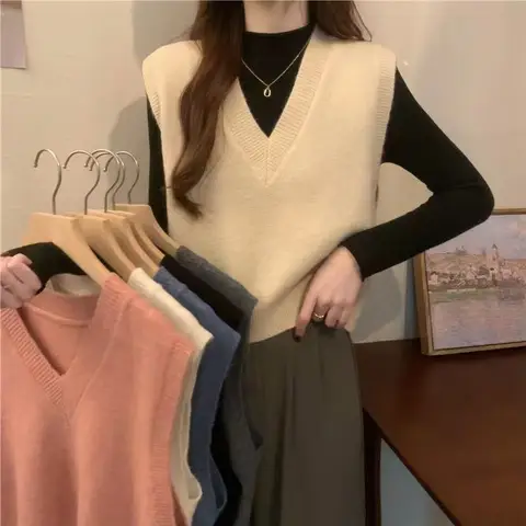 Xpqbb 봄 가을 새로운 v 넥 니트 조끼 여성 빈티지 민소매 스웨터 양복 조끼 여성 한국어 세련된 자른 니트 탑