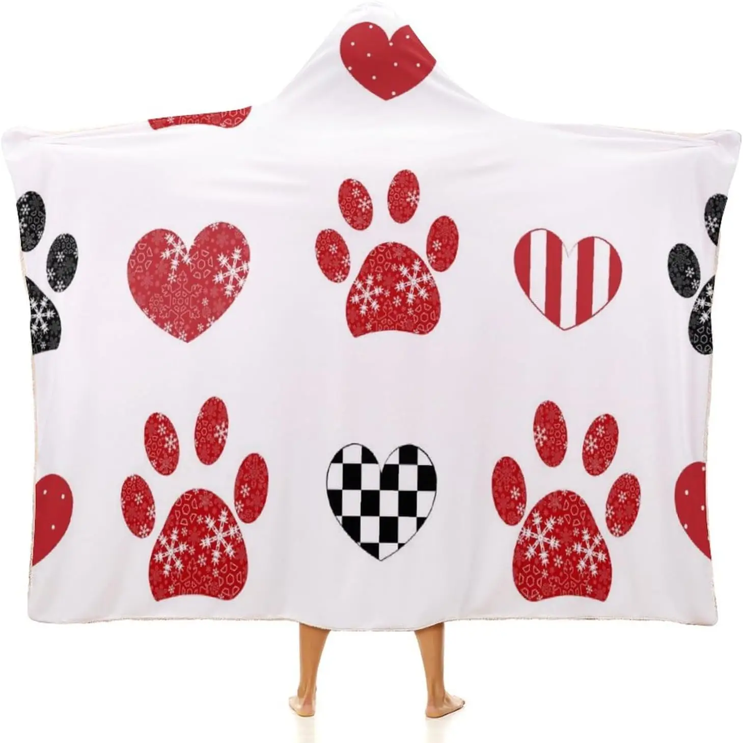 

Red Paw Print Blanket Hoodie Foldable Wearable Funny Hooded Blanket Christmas Birthday Gifts Anniversary for Men Women Blankets