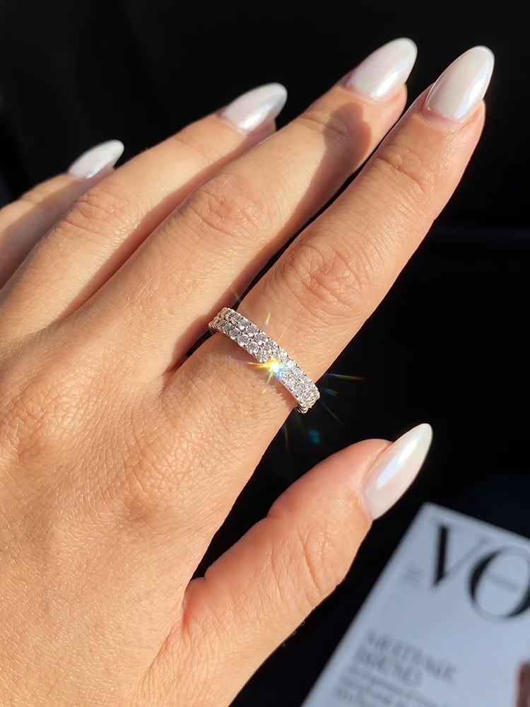 Echter Moissanit-Diamant, minimalistischer, klassischer Doppelreihen-Ehering für Damen, Verlobungsring, luxuriöser, hochwertiger Schmuck. – Detail 1