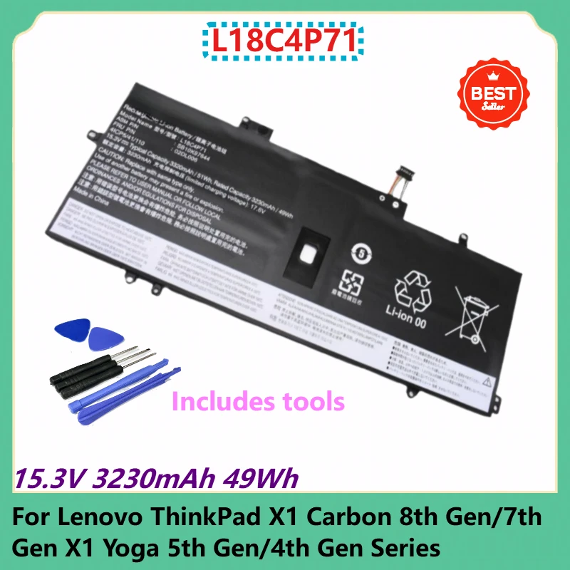 

L18C4P71 Аккумулятор для ноутбука 15,3 В 3230 мАч 49 Втч для Lenovo ThinkPad X1 Carbon 8-го поколения/7-го поколения X1 Yoga серии 5-го поколения/4-го поколения