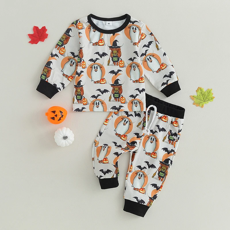 

2023-07-04 Lioraitiin 0-4Years Toddler Girls Boys 2Pcs Fall Outfits Pumpkin Cartoon Cow Bat Print Sweatshirts Long Pants