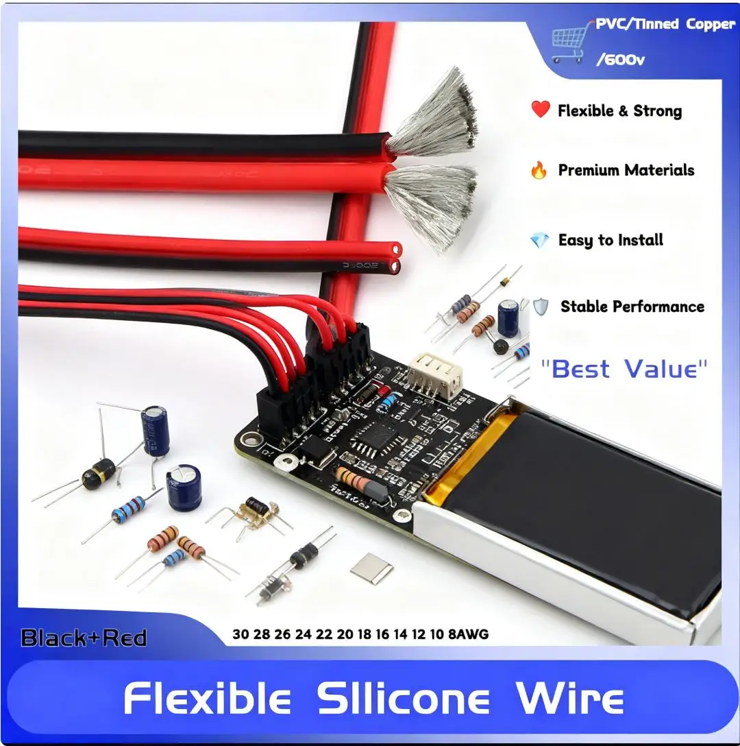 

Black/Red Ultra Soft Silicone Wire Solar Panel Car Battery Flexible Electric Cable 30 28 26 24 22 20 18 16 14 12 10 8AWG 1/5/10M