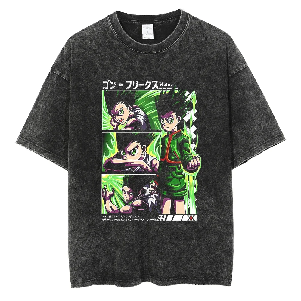 

2026 summer Anime Hunter x Hunter Oversized T-shirt, Gon Freecss Multi-Panel Print Casual Streetwear Washed Black Tee
