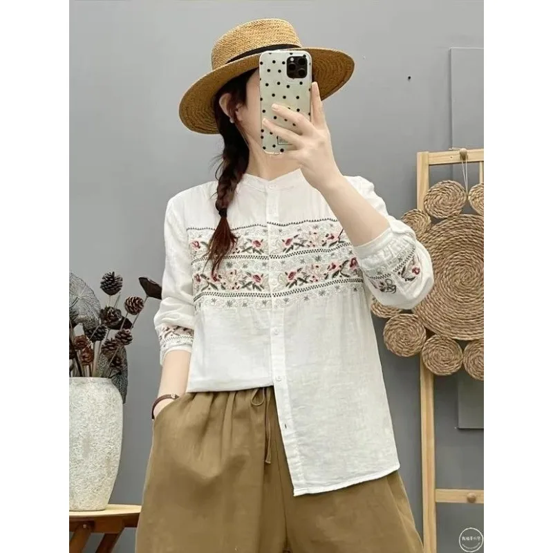 Literary Retro Ethnic Style Embroidered Stand Collar Long-sleeved Shirt 2025 Autumn New Loose Top
