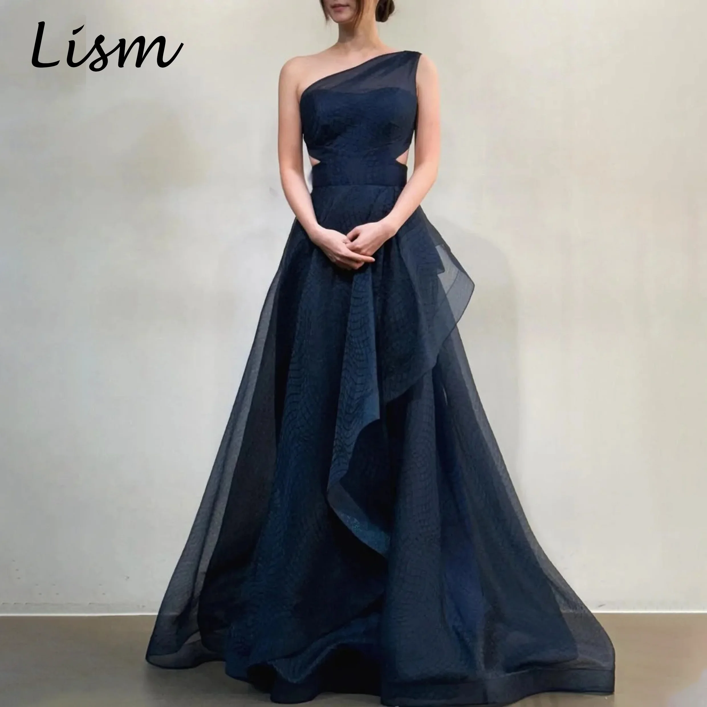 Lism Elegant One Shoulder Navy Blue Evening Dresses Korean Silk Organza Elegant A-Line Bridal Gown Corset Prom Gowns Customized