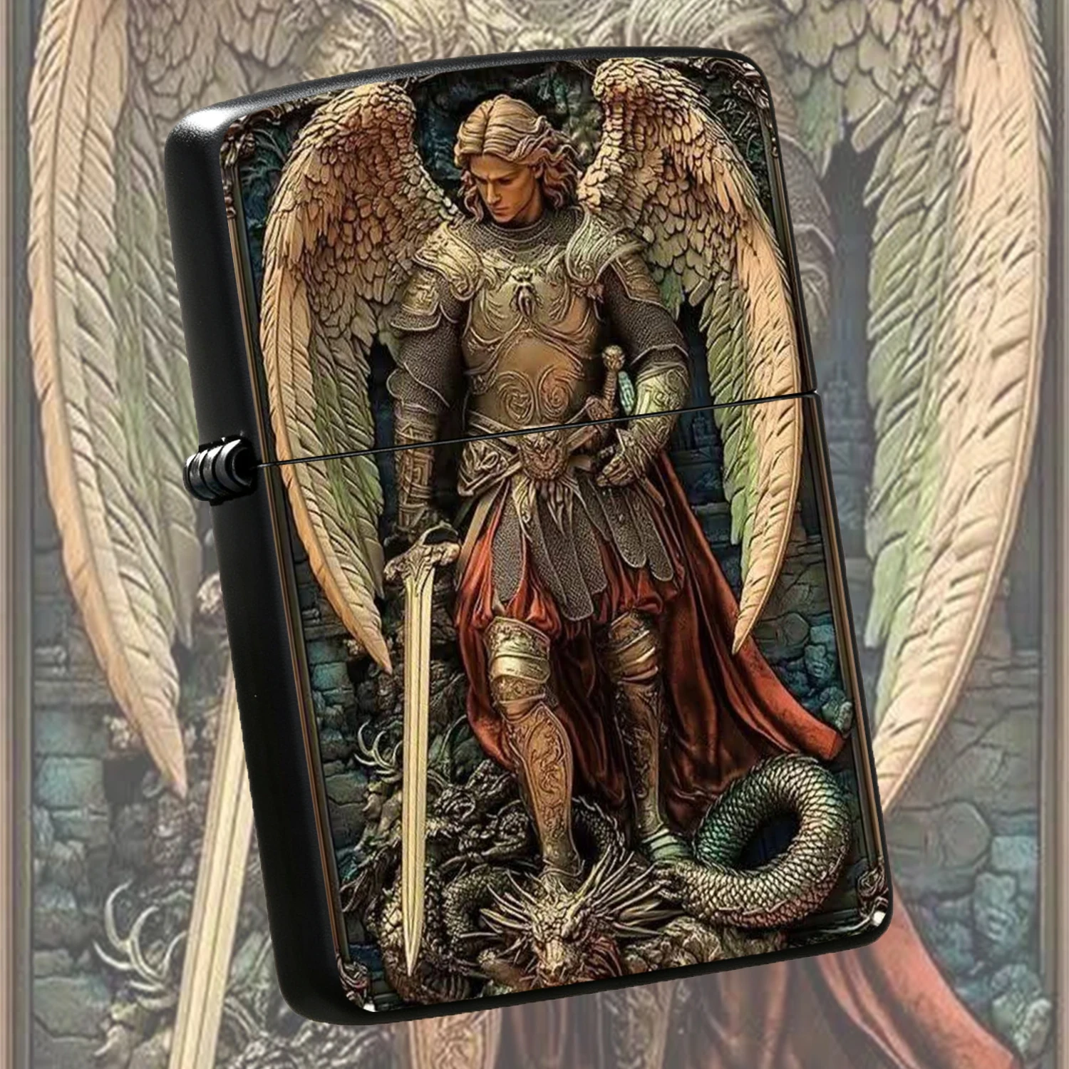 Vintage Archangel Defeats Dragon Relief, Durable Classic Fuel Windproof, Unique Religious Myth Themed Collectible Display, Portable Exquisite  Igniter , Thoughtful Gift For Men Family Friends, Desktop Decor Practical Cool For Daily Use A Fu