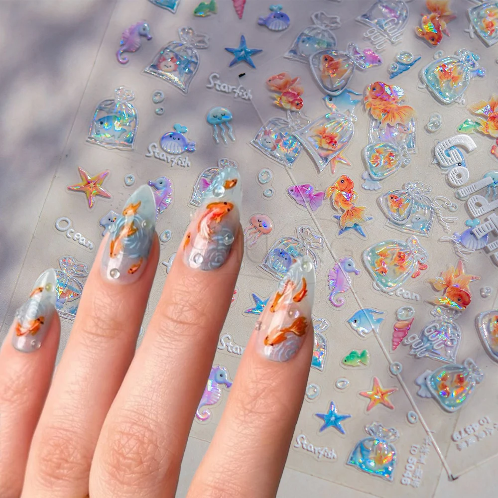 

1Pcs 3D Goldfish Bubble Ocean Naill Art Sticker Red Koi Starfish Jellyfish Sea Nail Slider Self-Adhesive Charming Nail Stickers#