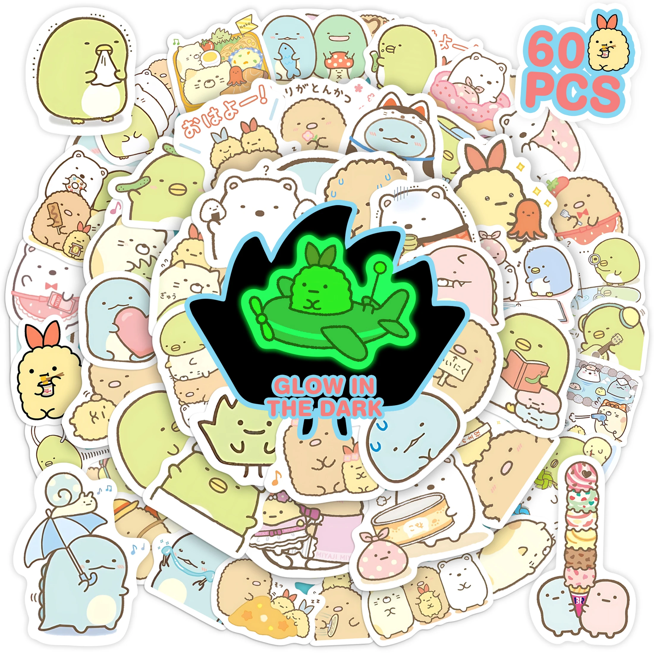 60Pcs Kawaii Cute Cartoon Sumikko Gurashi Glow in the Dark Stickers Skateboard Laptop Luggage Bike Motorcycle Waterproof Decals