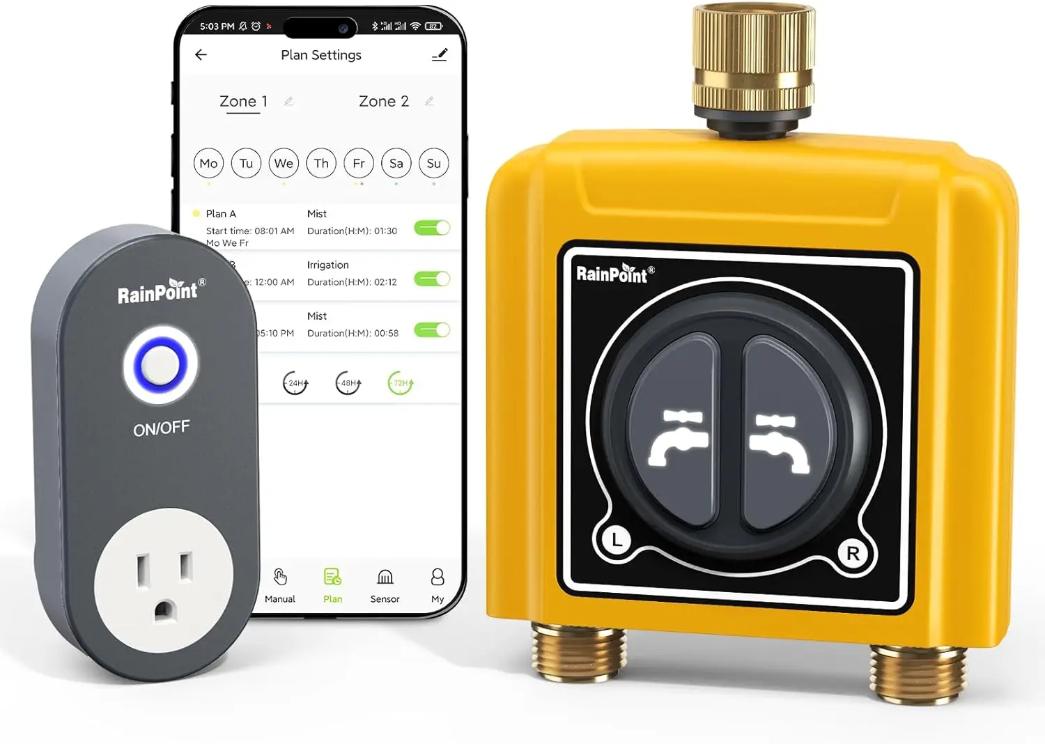

WiFi Water Timer, 2-Zone Sprinkler Controller with Brass Inlet/Outlet, App & Voice Control, Automatic Watering by Time/Weather/S
