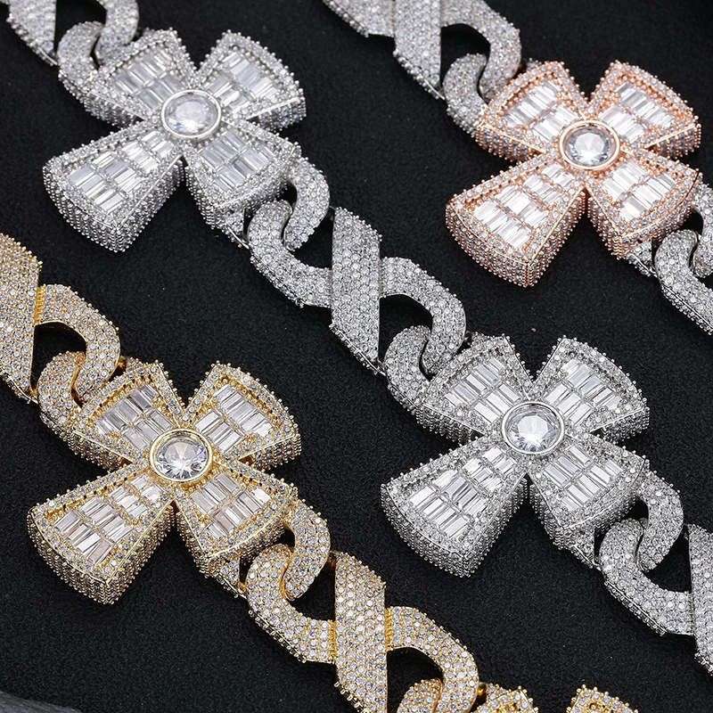 Hip Hop 5A+ CZ Stone Bling Iced Out Infinity Cross Pendant Link Chain Necklace for Men Rapper Jewelry Gold Silver Color
