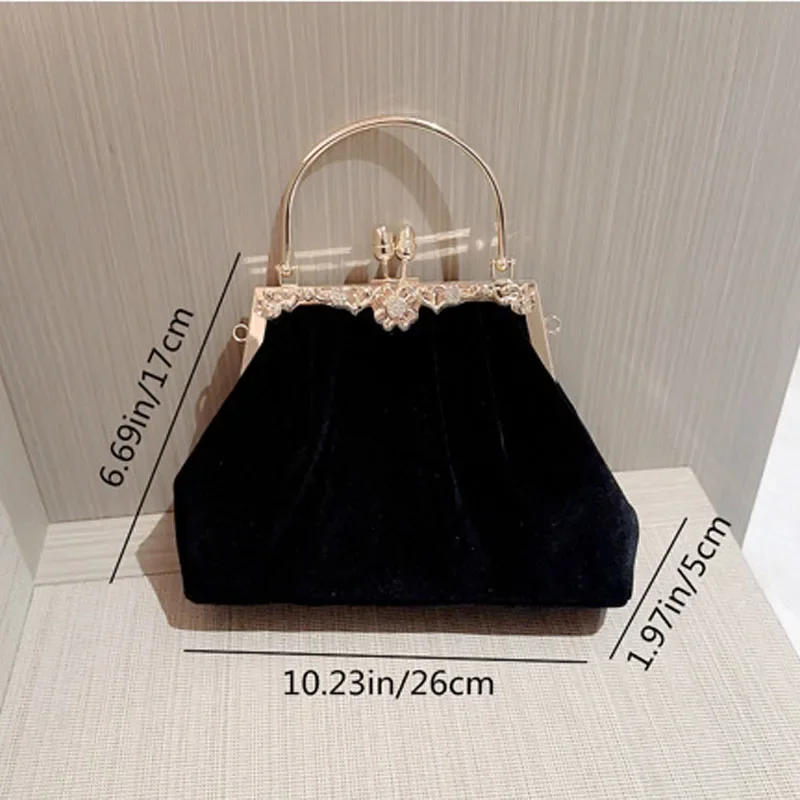 Vintage Black Velvet Metal Handle Handbags For Women Wedding Prom Party Clutch Small Purses Fashion Evening Bag Shoulder Bags