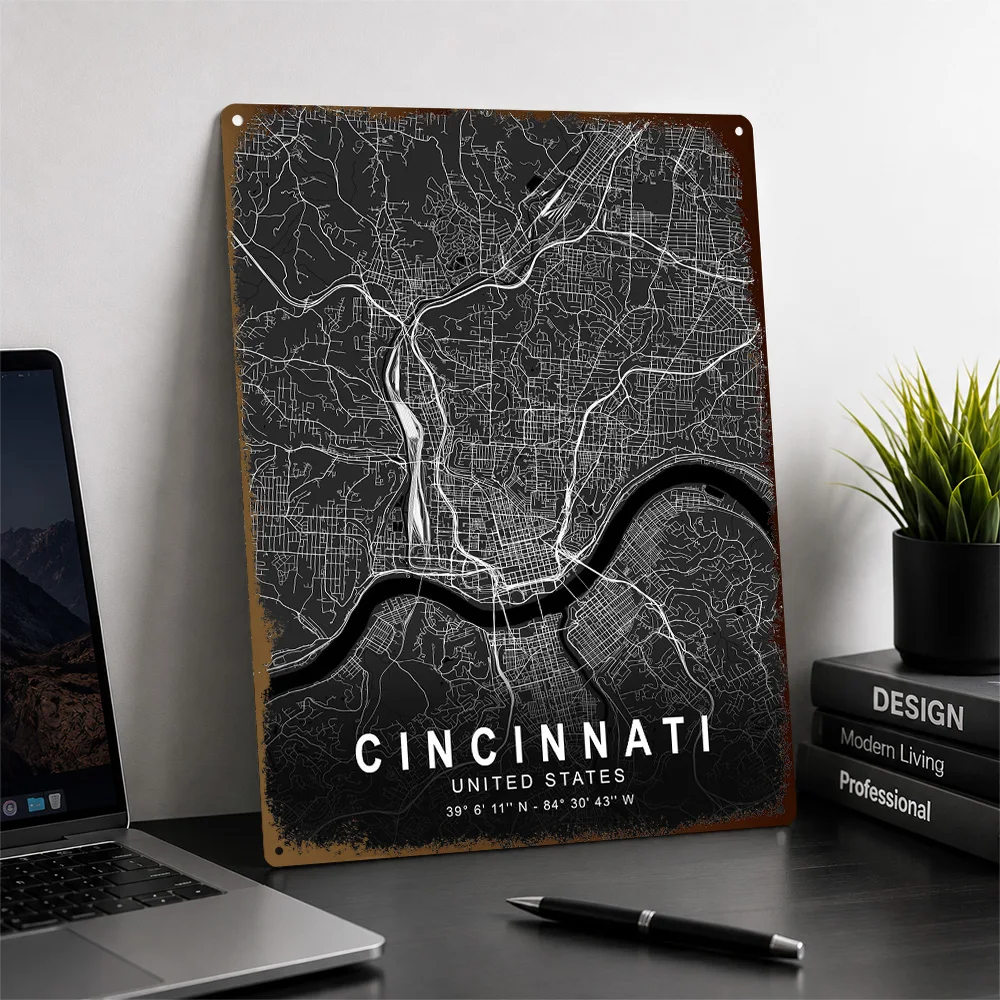 Cincinnati Dark Map Aluminum Poster Customized Metal Tin Sign City Network Layout Wall Art Made For Geography Fans In Entryway