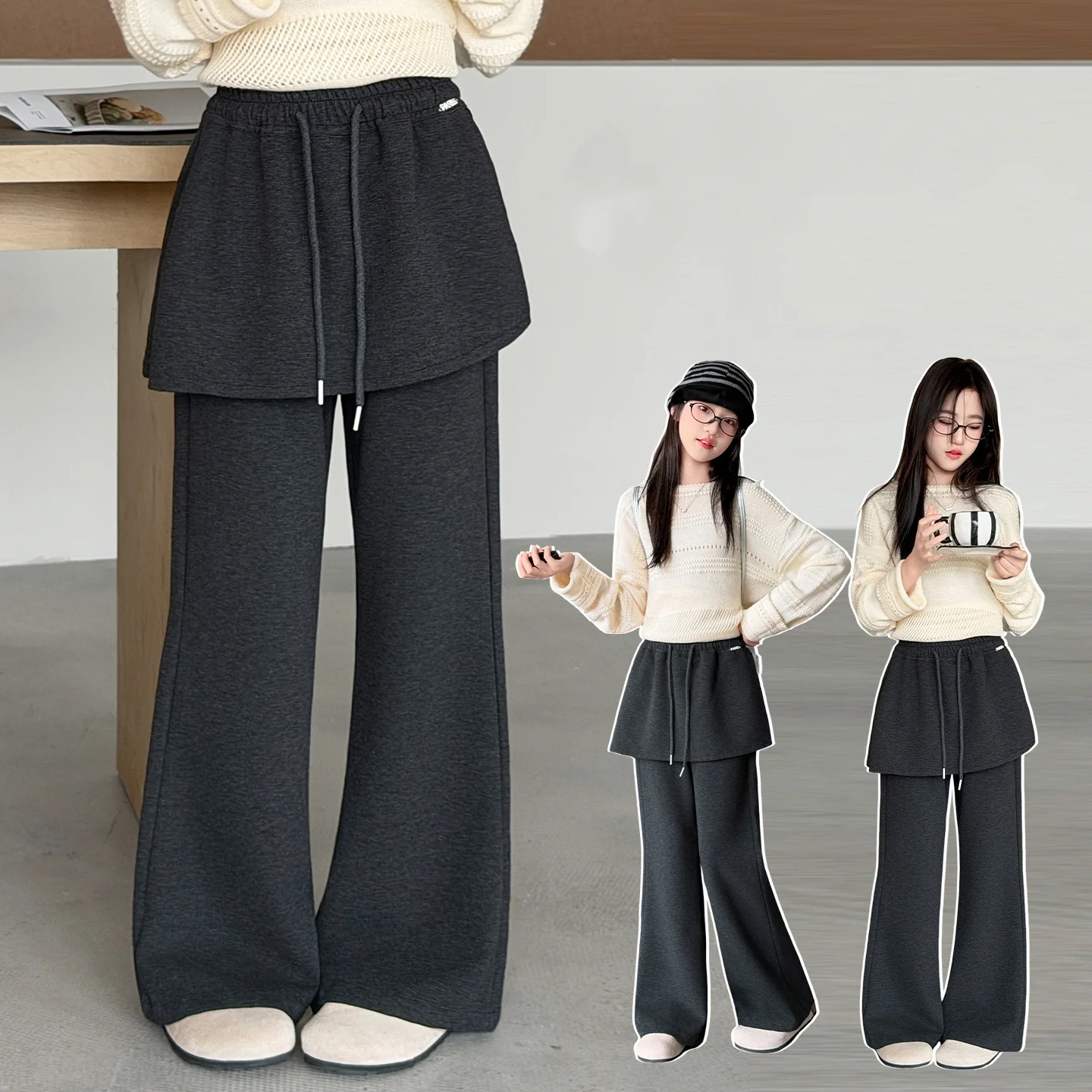 Teenage Girls Fashion Flare Pants Spring/Autumn Children's Casual Fake-Two-Piece Skirt-Pants Sweatpants Kids Trendy Trousers