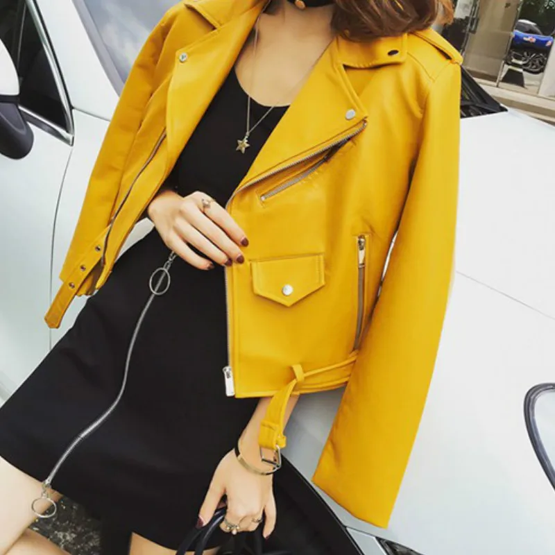 Autumn Winter Street Women's Short Washed PU Leather Jacket Zipper Bright Colors Ladies Basic Jackets With Belt Faux Leather