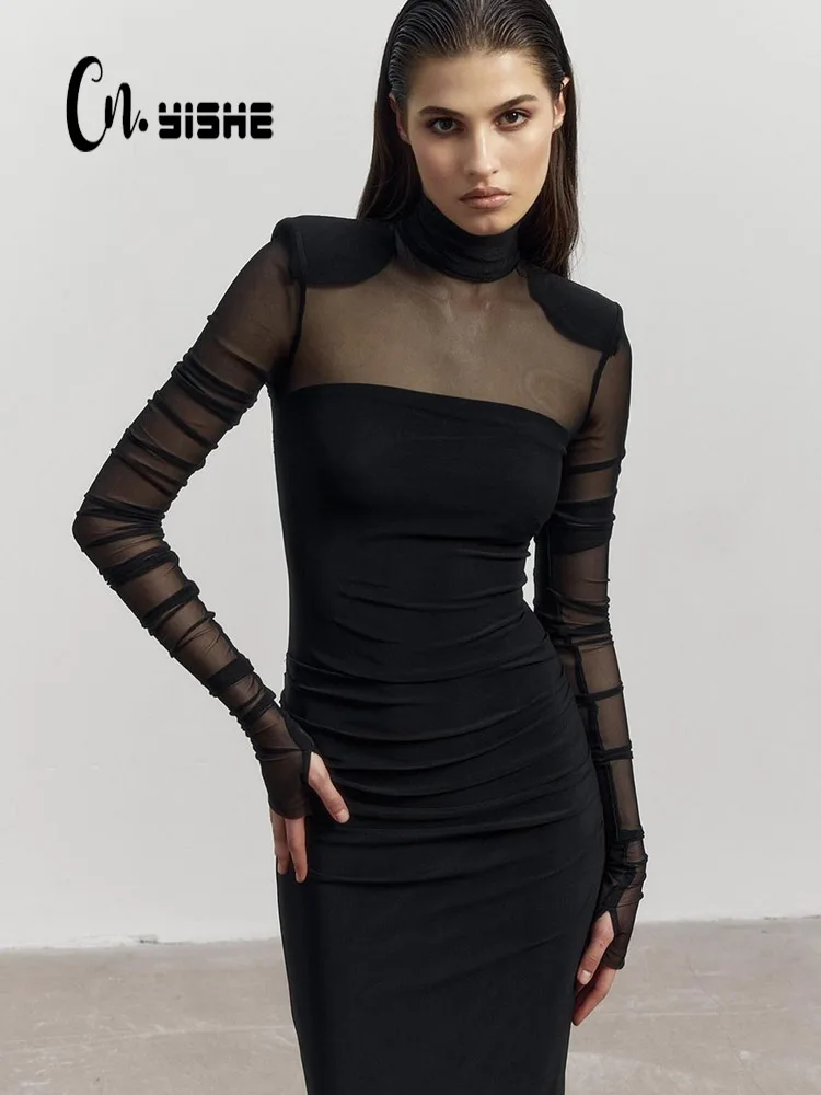 CNYISHE Patchwork Mesh Schede Rits Vrouwen Jurken Lange Mouw Sexy Club Hoge Kraag Streetwear Mode Bodycon Vrouwelijke Vestidos