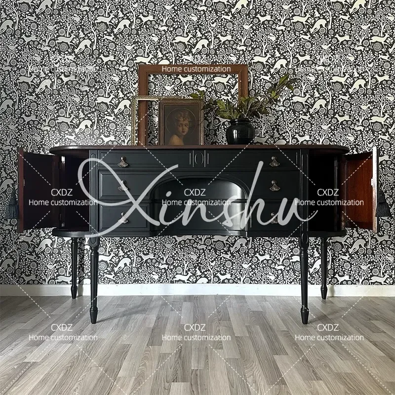 Solid Wood Black Dining Side Cabinet Wall Mounted Entryway Storage Unit Compact Living Room Decorative Console Table