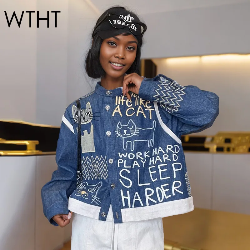 

WTHT винтажная женская джинсовая куртка с принтом граффити и буквами, новое модное летнее пальто с круглым вырезом и длинными рукавами 2025, женское 1LS1371