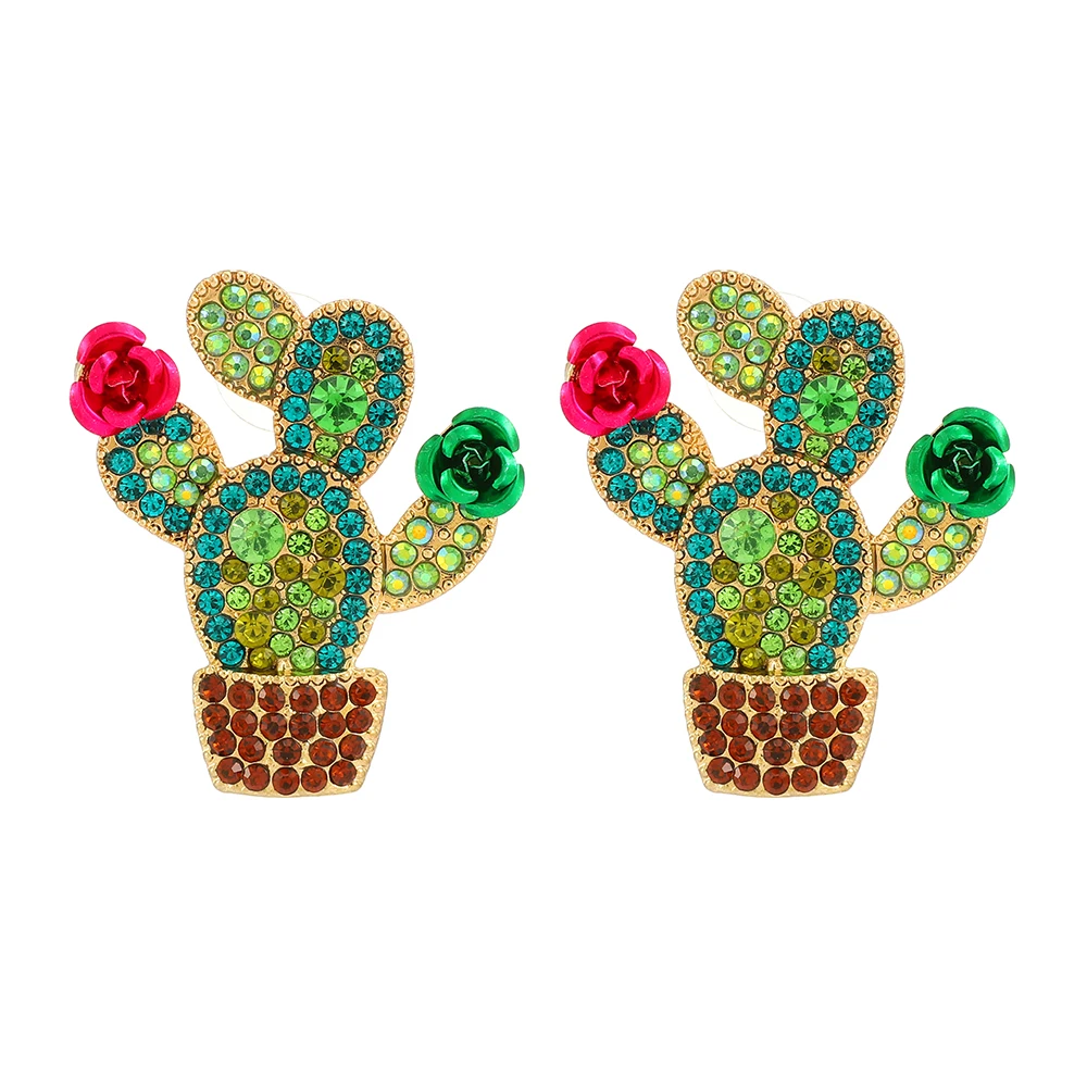 Cactus Female Unusual Decor Festival Party Jewelry Trend Luxury Full Rhinestone Charm Stud Earrings For Women Accessories Gift