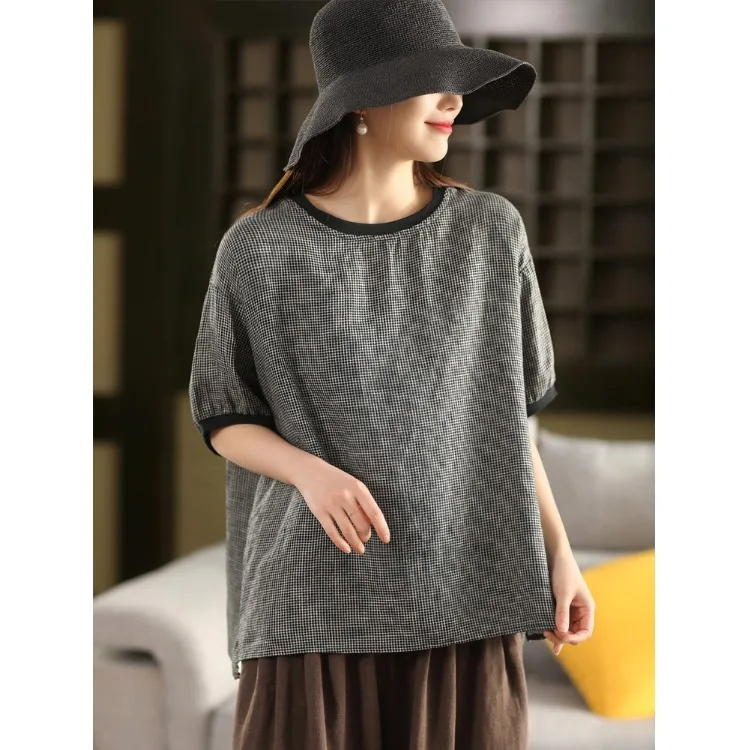 

Летняя свободная женская рубашка с коротким рукавом и круглым вырезом, контрастная расцветка, художественный дизайн, льняной пуловер из смесового хлопка и полиэстера