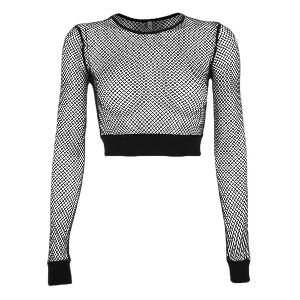 Summer Hollow Out Mesh T-Shirt Black Long Sleeve Skinny Crop Top Quick Dry Fishnet Shirt
