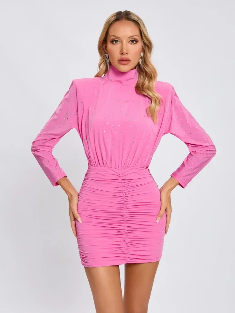

Sexy Turtleneck Diamonds Folds Design Mini Dress Women Long Sleeve Crystal Backless Draped Slim Dresses Evening Party Cocktail