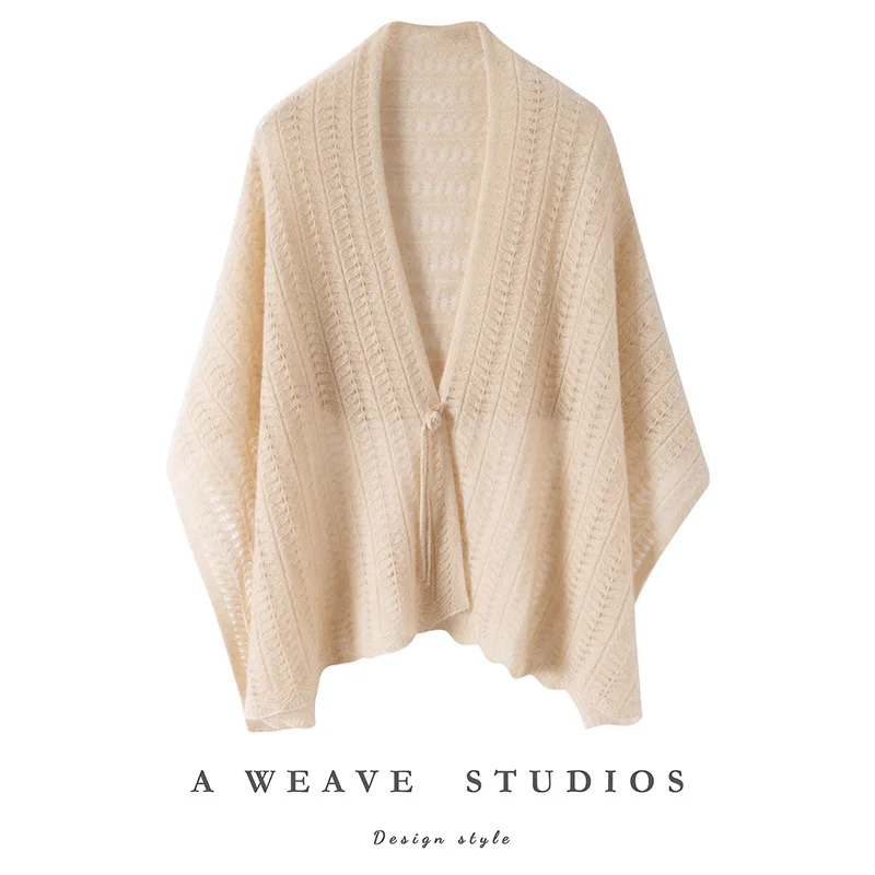 Women Cashmere Knit Shawl, Hollow Jacquard Solid Color Sleeveless Wrap, Retro Ethnic Style Frog Button Outerwear Scarf