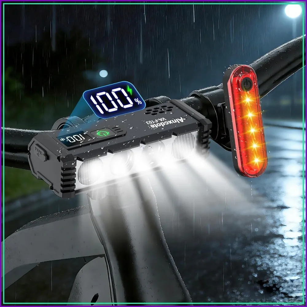

Super Bright 4800 Lumen Bike Lights, USB Rechargeable LED with LCD Display, Waterproof Headlight & Taillight for Night Riding