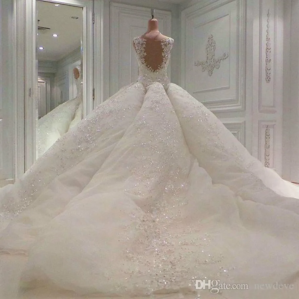 Luxury Lace Wedding Dresses Square Neckline Bridal Gowns Court Train Pearls Handmade Flowers Crystals Ball Gown Wedding Dress