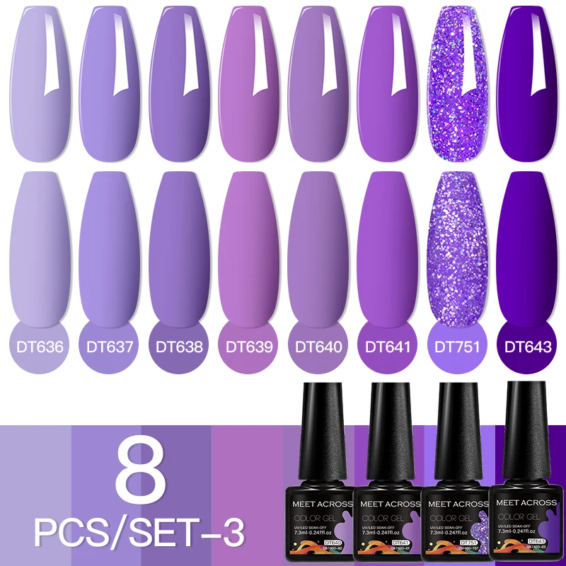 MEET ACROSS 8Pcs/Set Fuorescent Gel Nail Polish Glitter Sparkly Summer Neon Semi Permanent Soak Off LED UV Gel Varnish Nail Art