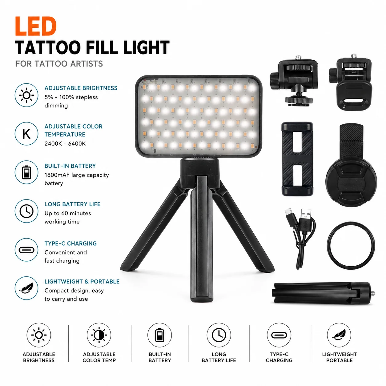 LED Tattoo Work Light Adjustable Fill Light 2400K-6400K Dimmable Lamp with Tripod Phone Holder for Tattoo Studio Artists