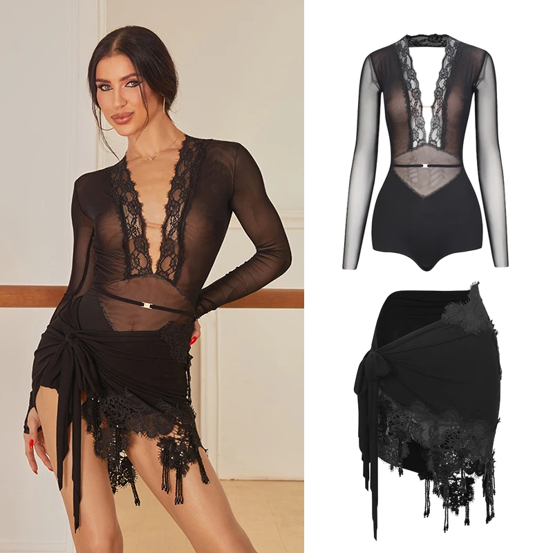 

ZYM Latin Dance Clothing Sexy Black Lace Bodysuit Hip Scarf Skirt Women Practice Clothes Rumba Cha Cha Tango Dresses DNV25934