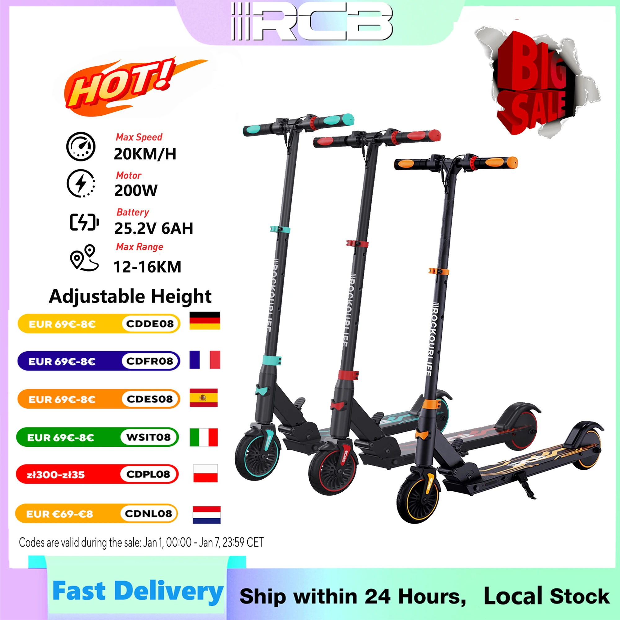 RCB Electric Scooter for Kids Ages 6-8-12, R15 Kids Electric Scooter, 20 KM/H Top Speed, 16KM Range, 3 Heights Adjustable, Gifts