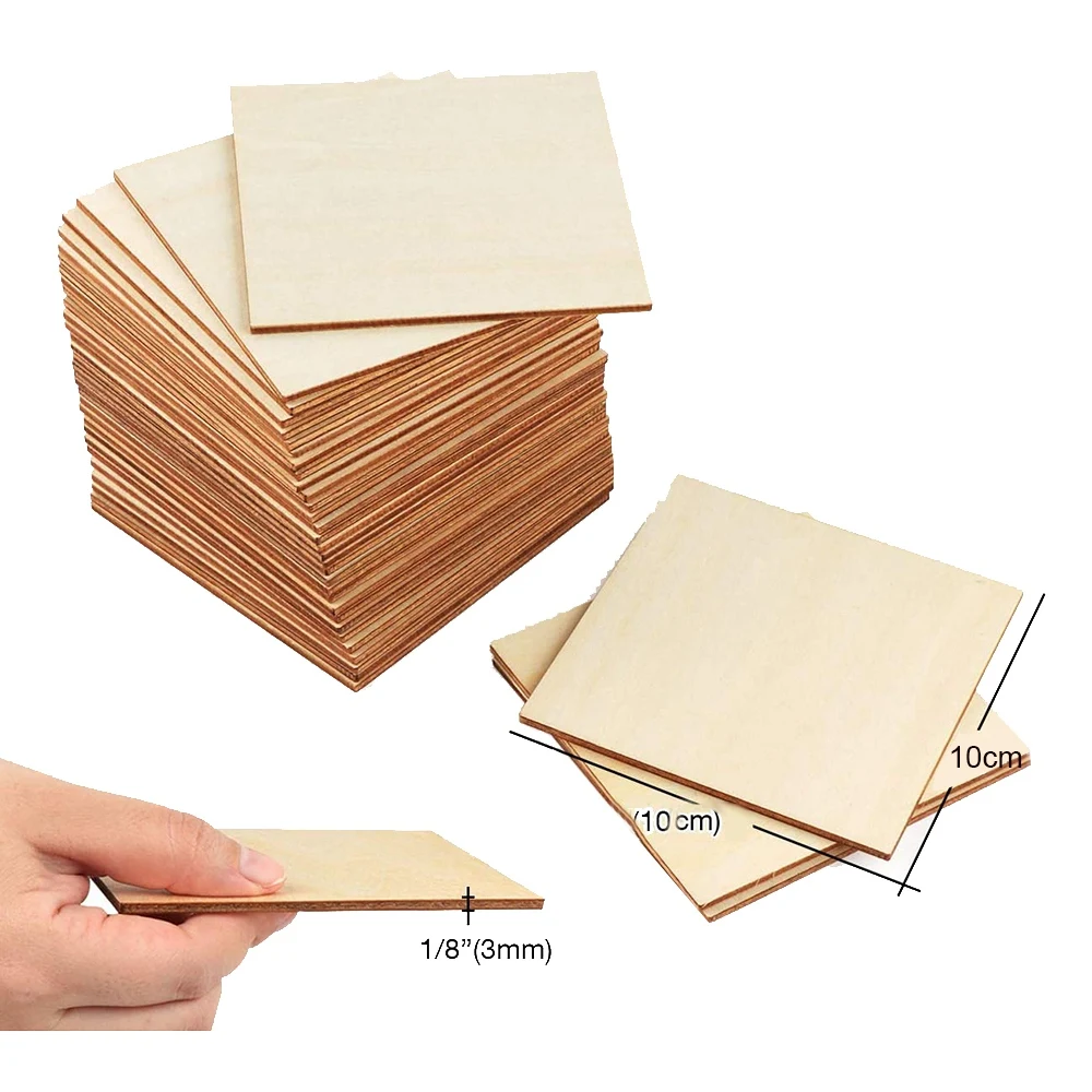 Unfinished Wood Pieces 50 Pcs 4 Inch Square Blank Wood Natural Slices Cutouts for DIY Crafts Painting Staining