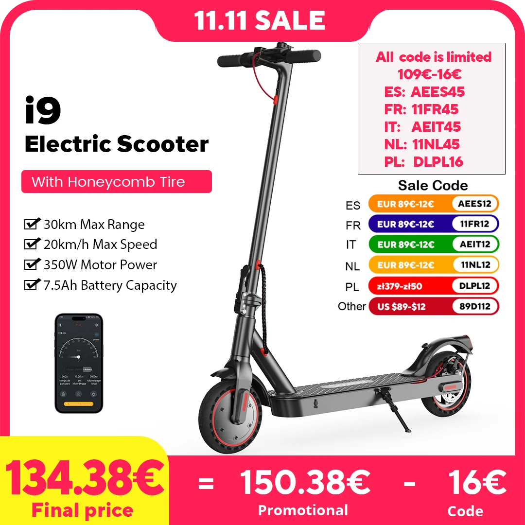 iScooter i9 Electric Scooter 350W 7.5Ah Powerful Electric Kick Scooter 30km Max Range 20km/h Speed Electric eScooter With KCQAPP