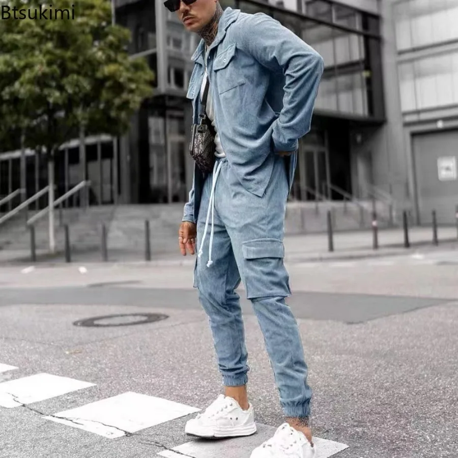 2024 Men's Corduroy Two Pieces Solid Long Sleeve Lapel Button Coats and Pants Fashion Tooling Casual Sport Suits Male Streetwear