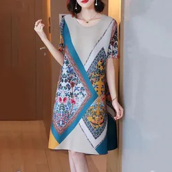 Woman Midi Vintage Casual Dress Summer Short Sleeve O-Neck Printing A-line Fashion Female Loose Pullover Elegant Dresses 2022