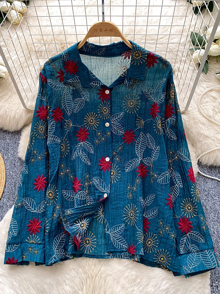 

Women's Shirt Vintage Printed Long Sleeved Embroidered Spring Korean Loose Cardigan Versatile Commuter Top Female Blouse BL393