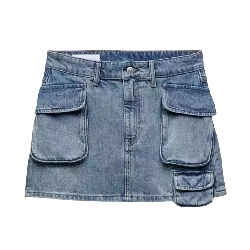 Fall New Women's Denim Skirt Multi-ket Decorative Workwear Sle Mid-Waist A-Line Skirt Versatile High Waist Design