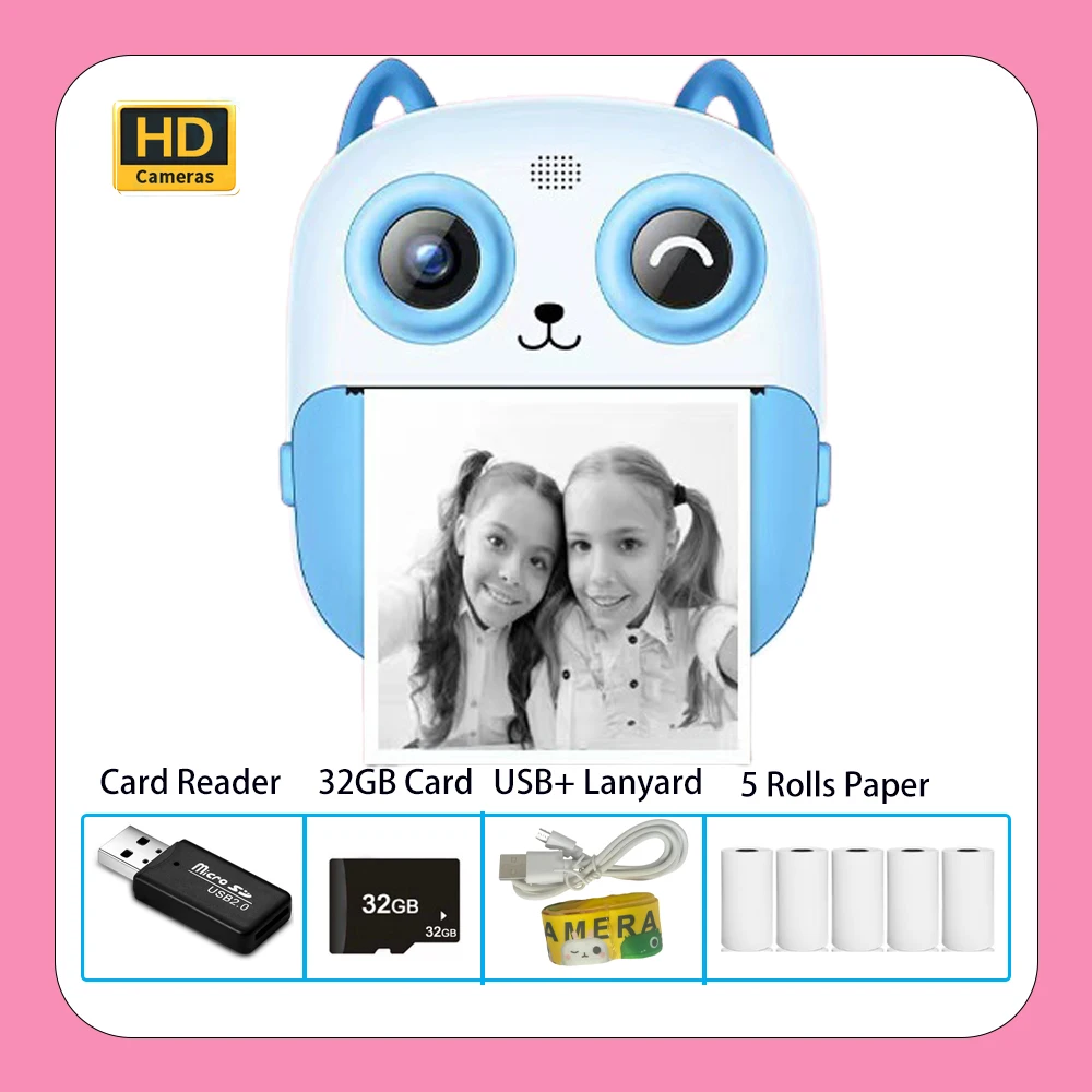 Hot Children 1080P HD Digital Camera Thermal Print Camera Instant Print Photo Video With 32G Memory Card Toys Kids Camera Gift