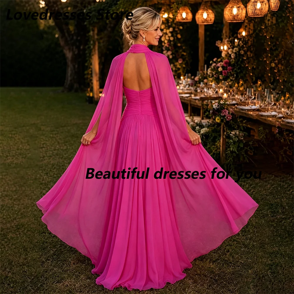 Customized Mother of The Bride Dresses Fuchsia Sweetheart Cape Chiffon Ruched A Line Formal Evening Wedding Guest Party Gown