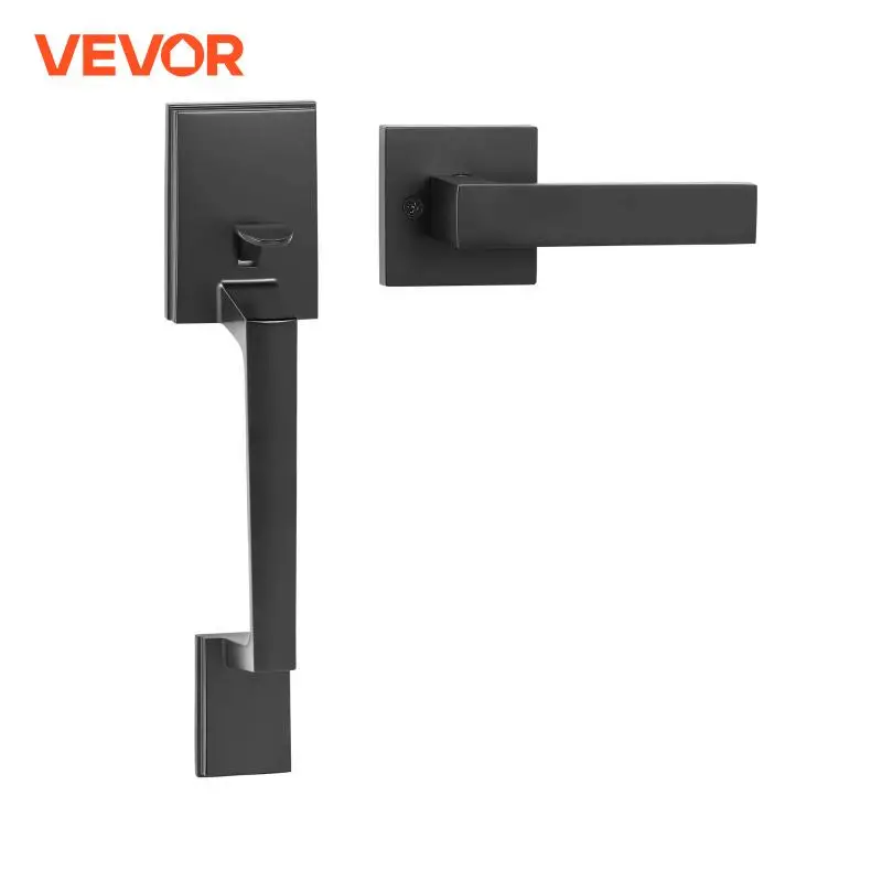 VEVOR Front Door Handle Satin Nickel/Matte Black Square Handle Set with Lever Door Handle No Lock Adjustable Hole Space