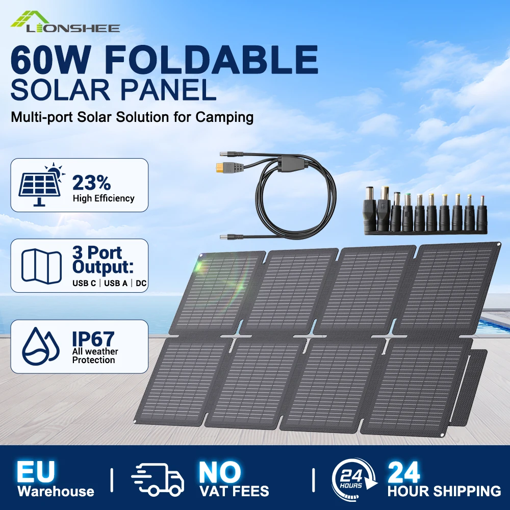 LIONSHEE 60W Faltbares Solarpanel 24% Hocheffizienz Monokristallin IP67 Wasserdicht Tragbares Solarladegerät 3-Port USB-C DC für Camping Wohnmobil EU-Lager Keine Mehrwertsteuer