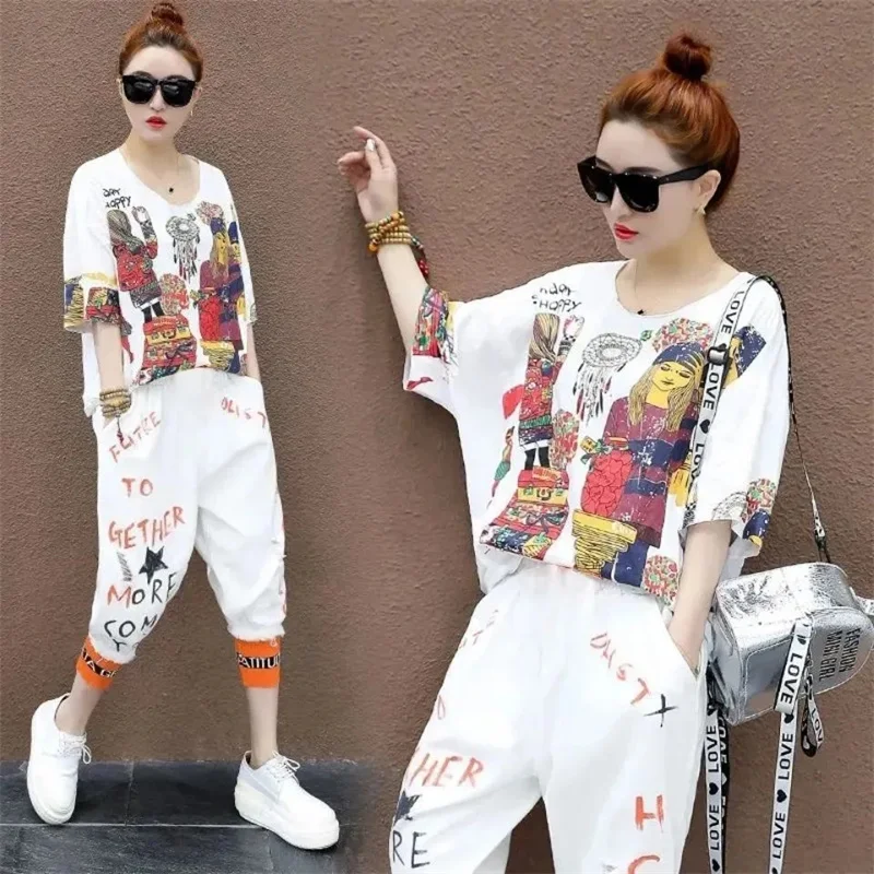 

Women's Tracksuit Set 2024 Summer New Fashion Casual Sweat Suits Loose Short Sleeved Tops And Pants Two Piece Set For Women