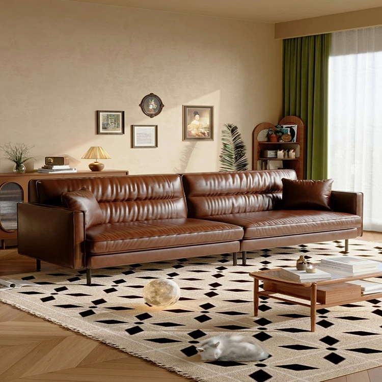 

American Retro Leather Sofa, Modern Small-sized Living Room, Antique Style, Vintage Black Caramel Leather Sofa