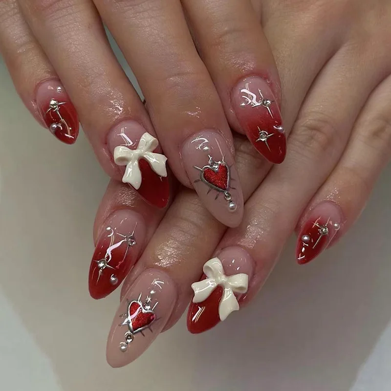 Faux ongles d'amande rouge vin avec diamants 3D, Cool Girl Wearing, French False N64.Simple souhaits on N64.Art, 24 pièces par ensemble