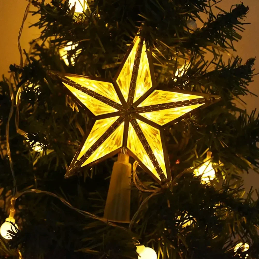 1Pc Christmas Tree Top Star Light Xmas Tree Decoration LED Glowing Five-pointed Star Lamp Ornament Home Xmas Party Supplies