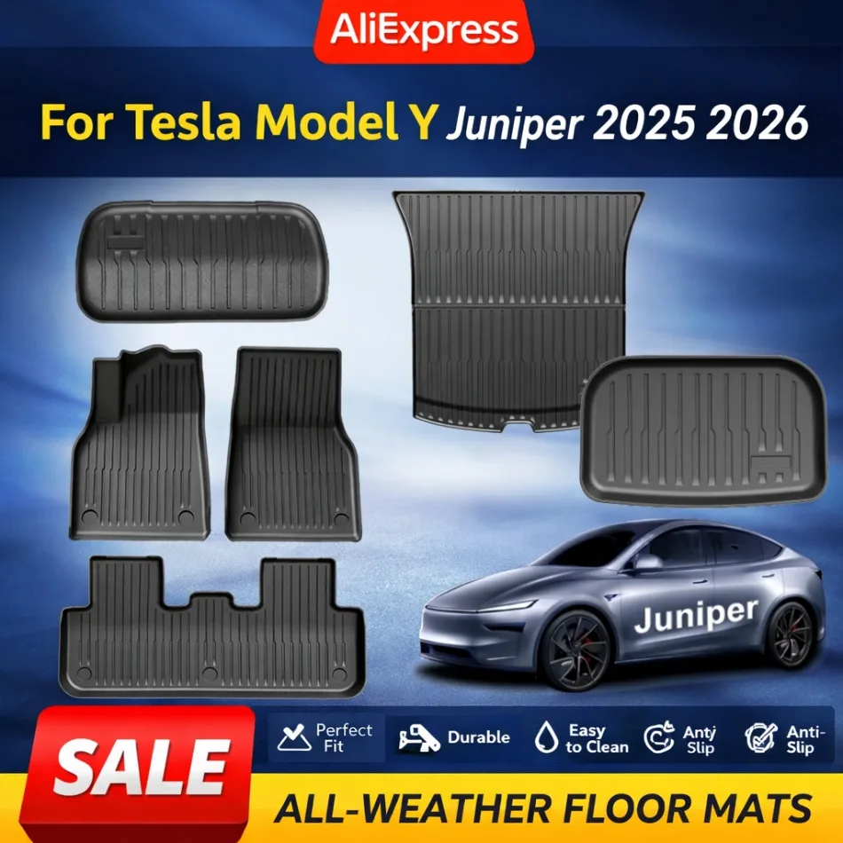 

All Weather TPE Floor Mats for Tesla Model Y Juniper 2025 2026 Non Slip Odorless Trunk Cargo Liners Foot Carpets Set Waterproof